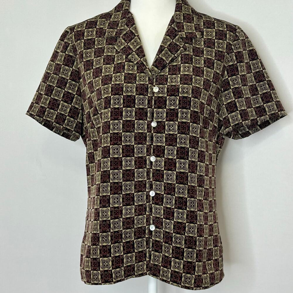 Vintage Modiano Geometric Print Button Front Blouse Brown Tan Women’s Size M